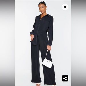 PRETTY LITTLE THINGS Black Plisse High Waisted Wide Leg Trousers- NWT